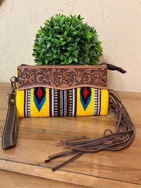 Wristlet Tooled Leather & Yellow Aztec Stripe Wristlet Clutch NWT